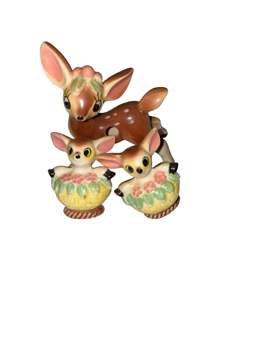 Vintage deer with salt and pepper fawns in baskets